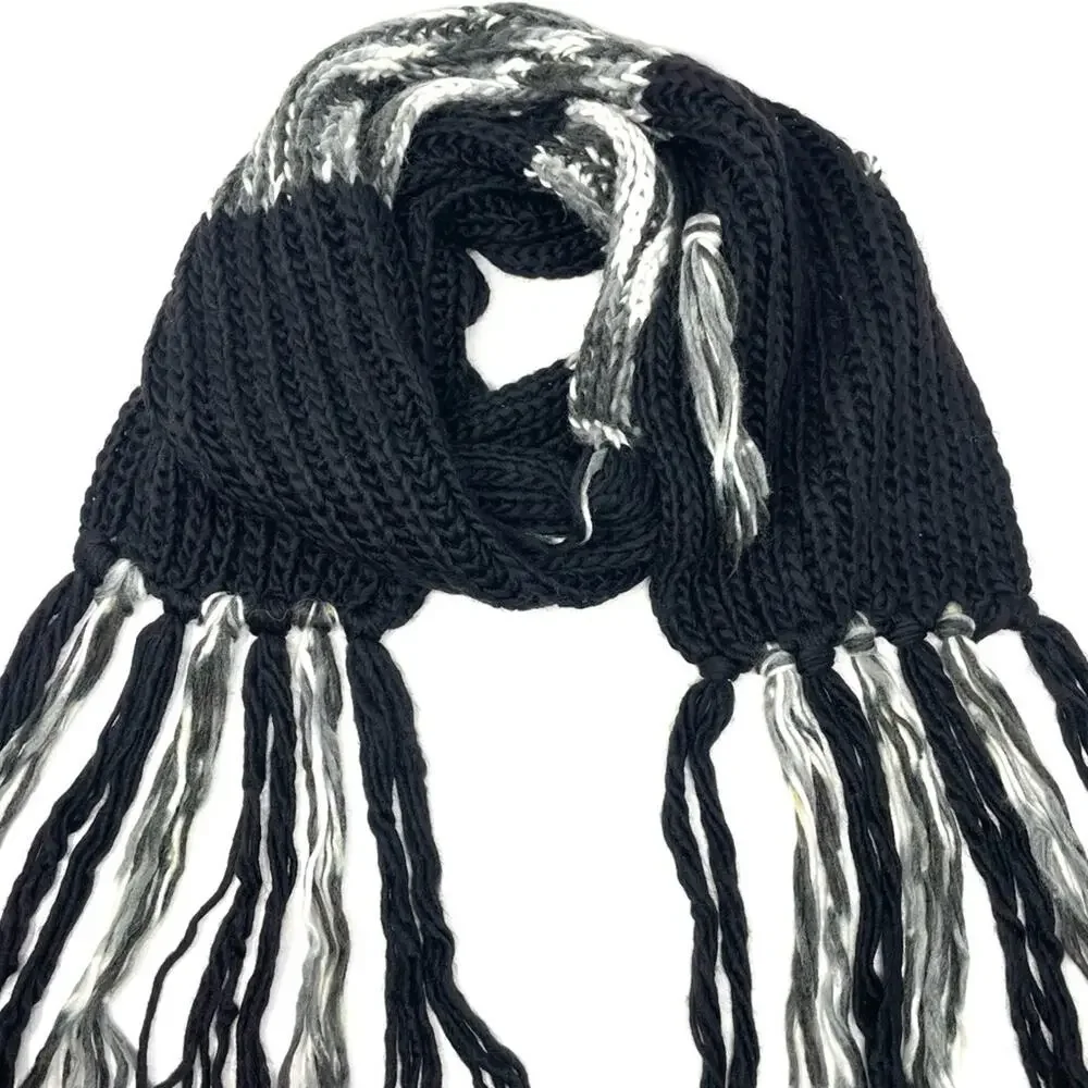 Renee's NYC Women's Soft Knit Wool Blend Scarf w/ Fringe in Black and White